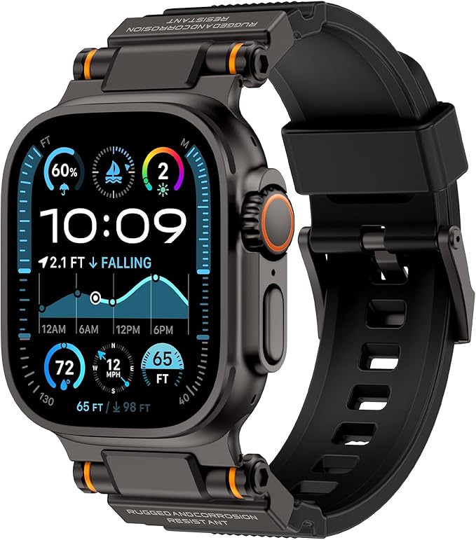 Band Compatible with Apple Watch Ultra 3/2/1 Band 49/46/45/44mm | Metal Connector with Silicone Rugged Strap for iWatch Ultra Series 11/10/9/8/7/6/SE3/SE2/SE/5/4/3/2/1, Black/Black