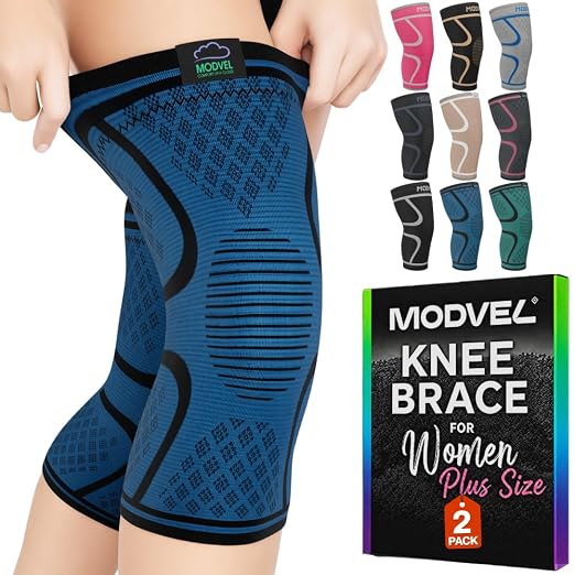 Modvel 2 Pack Knee Brace for Women - Knee Support for Walking, Knee Compression Sleeves for Pain Relief, Knee Sleeves for Women, Knee Brace for Sports, Workouts & Arthritis