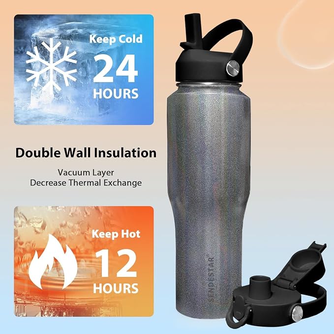 SENDESTAR Water Bottle,Wide Mouth Stainless Steel Vacuum Insulated Double Wall Keep Liquids Cold or Hot All Day,Sweat Proof Sport Design,Fit Car Cup Holder,Laser Grey,40,Ounces