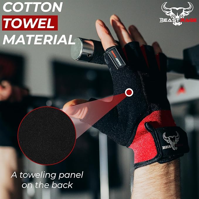 BEAST RAGE Workout Gloves for Men, Durable Palm Grip Gym Gloves Women Half Finger Elasticated Training Weight Lifting Strength Bodybuilding Anti Slip Cycling Gloves Exercise