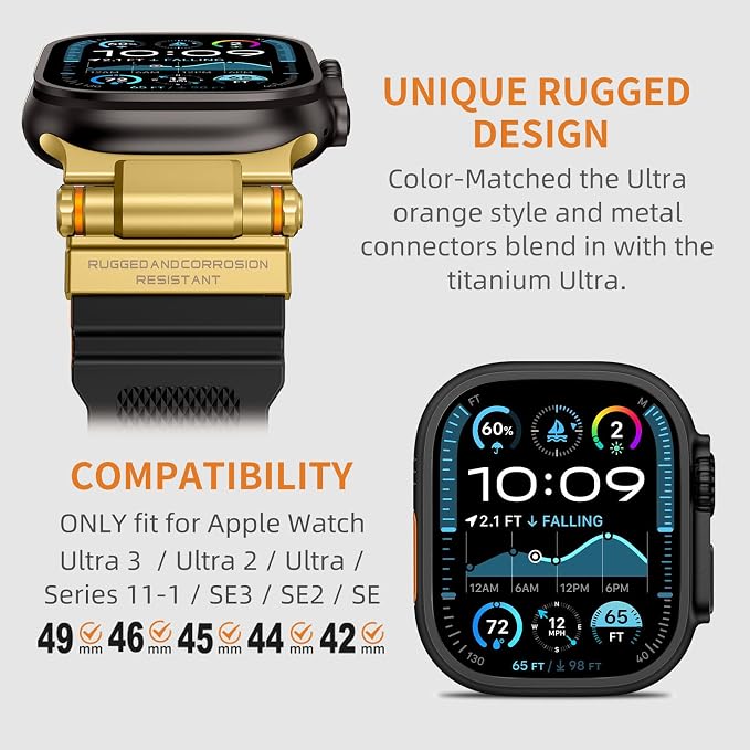 Band Compatible with Apple Watch Ultra 3/2/1 Band 49/46/45/44mm | Metal Connector with Silicone Rugged Strap for iWatch Ultra Series 11/10/9/8/7/6/SE3/SE2/SE/5/4/3/2/1, Gold Black