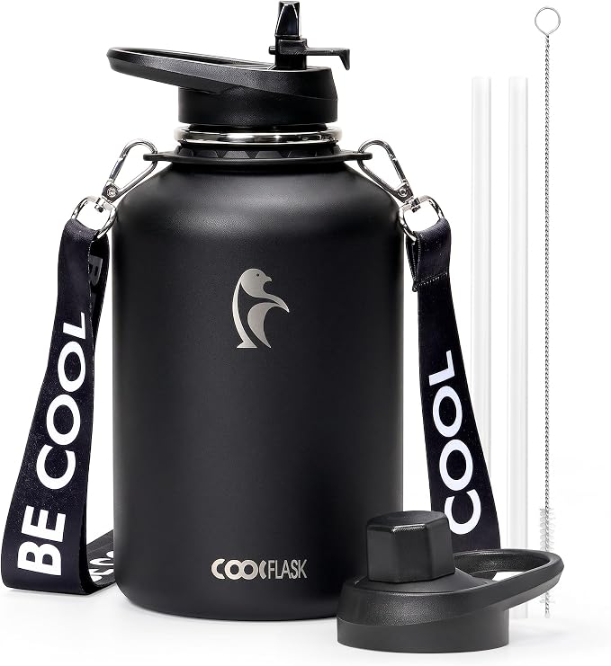 Coolflask Half Gallon Water Bottle Insulated Stainless Steel with Strap | 64 oz Large Water Jug with Straw & Spout Lids,Triple-Wall, Cold 48+h,Dishwasher Safe, Leakproof, BPA-Free,for Gym & Hiking