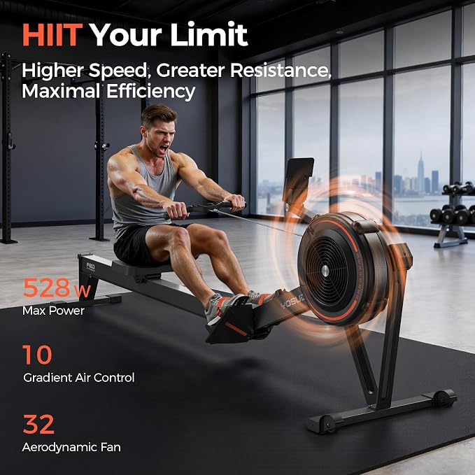 YOSUDA R2 Rowing Machine for Home, Air Rower with Self-Powered Monitor | 10 Level Resistance, Aluminum Rail, Ergonomic Seat, Easy Storage, Full Body Workout, Home Gym Equipment