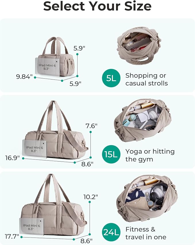 BAGSMART Reiki Gym Bag for Women Puffy Yoga Mat Travel Weekender Duffle Bag | Lint-Resistant Lining, Wet-Dry Pocket & Anti-Slip Mat Loop, Ultra-Light, Roomy for Workout Gear, Water Bottle, Travel, Sports