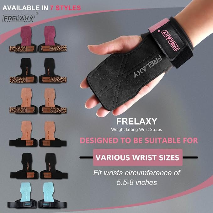 Frelaxy Lifting Wrist Straps for Women and Men, Weight Lifting Grips | Double-layer leather, Cushioned wrist support, Durable construction, Storage pouch, Deadlifts, rows, lat pulldowns