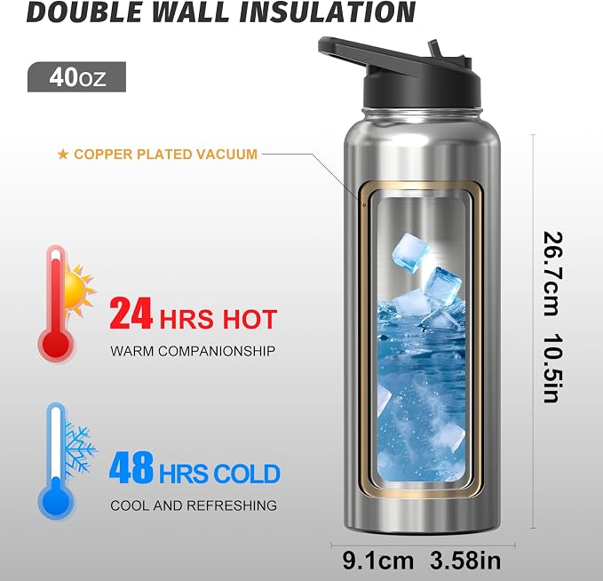 40oz Insulated Water Bottle (Cold for 48 Hrs),BPA Free&Leak Proof,Stainless Steel Water Flask,Water Jug with Straw Spout Lids for Gym,Hiking,Travel,Stainless
