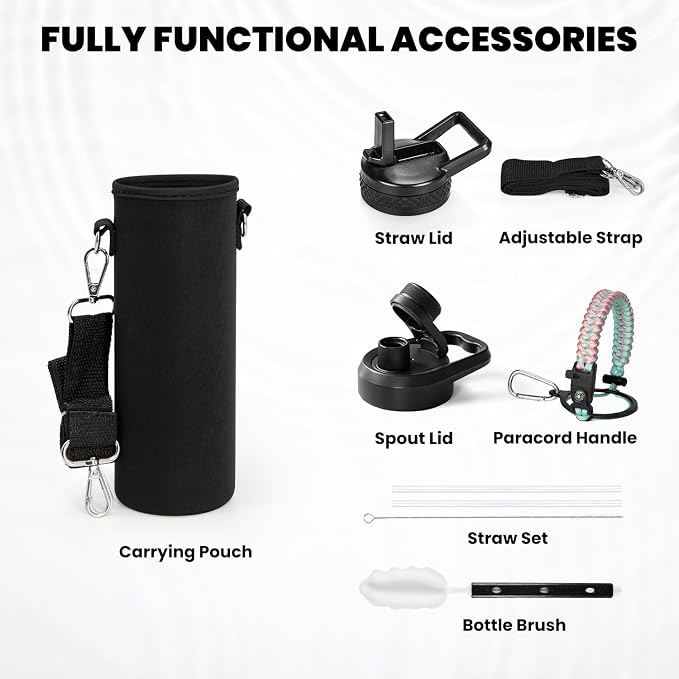 RAYMYLO Insulated Water Bottle 24 oz, Triple Wall Vacuum Stainless Steel | (Cold for 24Hrs, Hot for 12Hrs), Leak Proof & Non-BPA, Modern Water Flask Jug with Paracord Handle & Straw Spout Lids