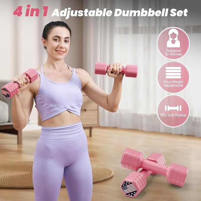 Zempox Hand Weights for Women at Home 2-5 lb Light Adjustable Dumbbells Set | Adjustable 2-5 lb(A Pair 4lb 6lb 8lb 10lb), 4-in-1 Design, TPU Soft Grip, Quick Weight Change, Compact for Home, Gym, Office