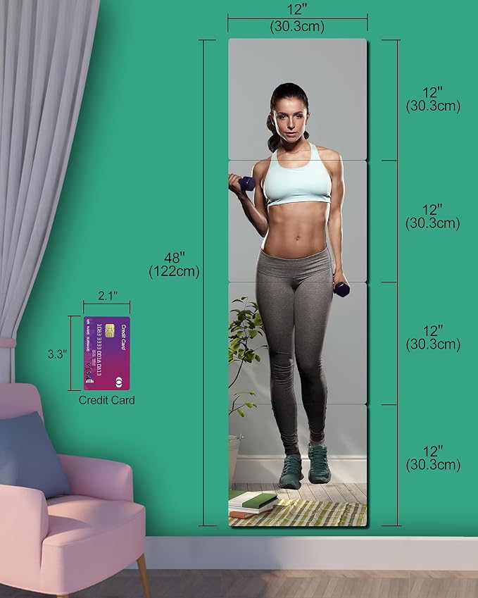 Unbreakable Acrylic Full Length Mirror for Wall Mounted, Full Body Mirror for Kids, Plastic Safe Shatterproof, Extra Thick 1/8", 12" x 12" x 4 PCS, Workout Mirrors for Home Gym, Bedroom Over The Door