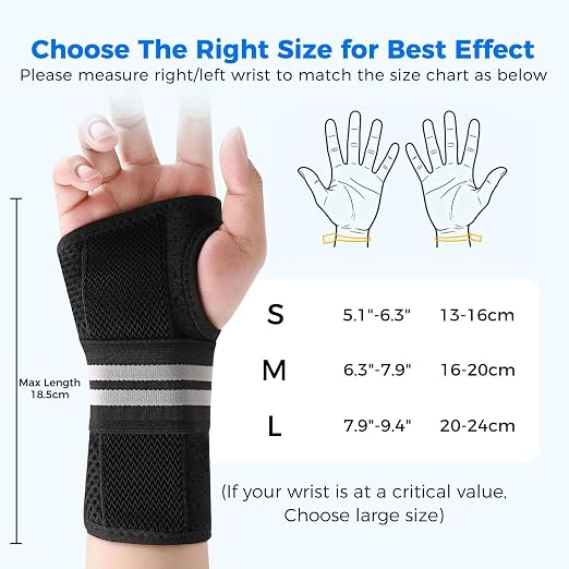 Carpal Tunnel Wrist Brace, Equipped with 3 Ergonomic Splints, Breathable Wrist Support for Men & Women, Night & Work Support, Pain Relief, Tendonitis, Sprain, Rigid Hand Brace for Arthritis (Right Hand, Black/White, Large)