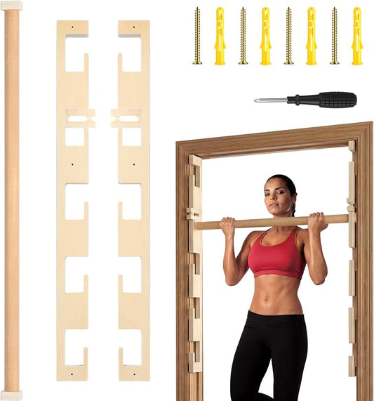 Leinuosen Doorway Pull-up Bar Sets Adjustable 5 Levels Wooden Doorway Pull-up Bar and 2 Door Frame with 6 Sets of Screw-in Heavy-duty Door-mounts to Fits 118cm
