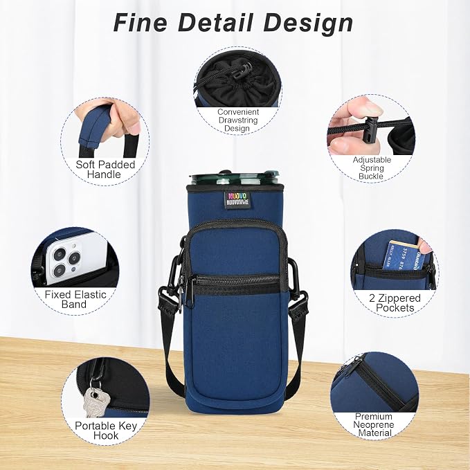 Nuovoware Magnetic Gym Bag, 25oz/32oz, Water Bottle Carrier, Dark Blue | Adjustable Shoulder Strap, 2 Pocket, Sports Sling Neoprene Sleeve, for Hiking Travelling Camping