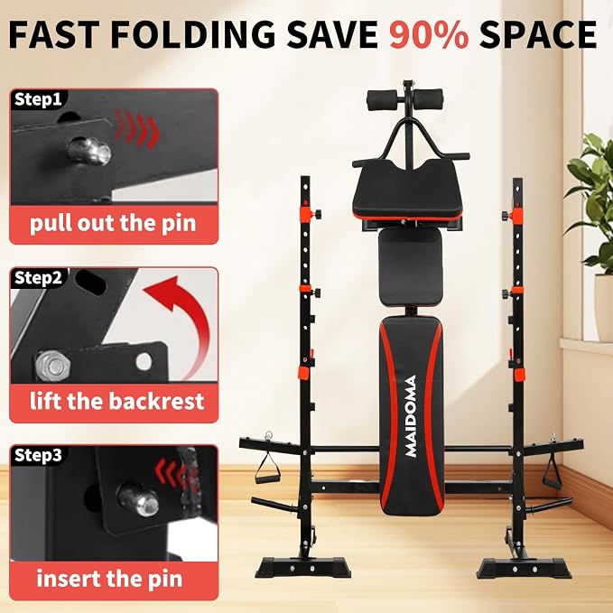 MAIDOMA 1500LBS Foldable 8 IN 1 Weight Bench with Upgraded Leg Extension | Adjustable Flat Incline Decline Bench Press Set with Wide Squat Rack for Full Body Home Gym Workout (US Stock)