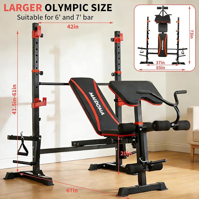 MAIDOMA 1500LBS Foldable 8 IN 1 Weight Bench with Upgraded Leg Extension | Adjustable Flat Incline Decline Bench Press Set with Wide Squat Rack for Full Body Home Gym Workout (US Stock)