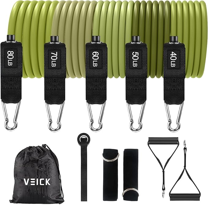 VEICK 10-150LBS Resistance Bands with Handles, Ankle Straps, Door Anchor | Accredited Lab Certified, 100% Natural Latex, Versatile for Yoga, Pilates, Strength, Home Gym