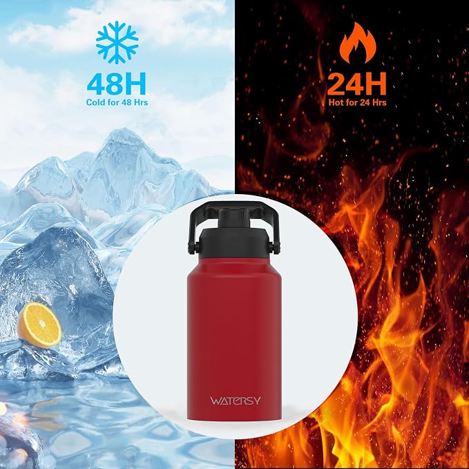 WATERSY 2/3 Gallon Water Bottle Insulated(Cold for 48 Hrs),BPA Free&Leak Proof,87oz Stainless Steel Water Jug/Flask,Big thermo,Large Water Bottle with Handle for Gym,Hiking,Camping,Red