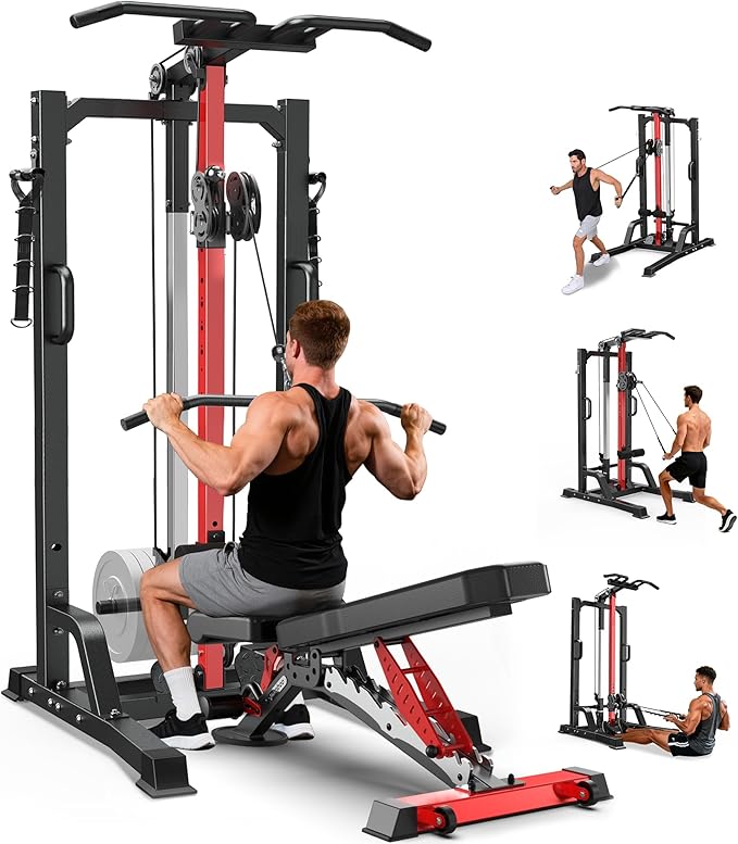 Pull Up Bar Power Tower Dip Station with Cable Machine, 450LB Home Gym | Pull up bar, dip station and 16-position cable system for pull ups, dips, lat pulldowns, rows and full-body training
