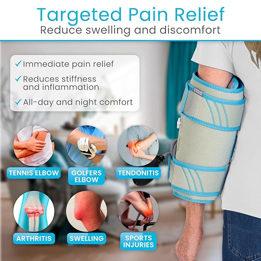 Vive Compression Elbow Ice Pack Wrap w/Inflatable Pump - Pain Relief | Fractures, Tendonitis, Tennis Elbow & Post Surgery Recovery - Adjustable Hot & Cold Therapy Brace - Arctic Flex Gel