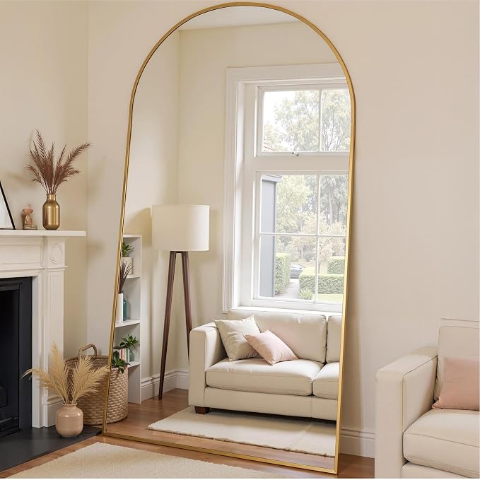 Floor Mirror, 90"x46" Oversized Full Length Mirror with Stand, Arched Full Body Mirror Standing Hanging Leaning Against Wall, Aluminum Frame Giant Mirrors for Bedroom Cloakroom, Gold