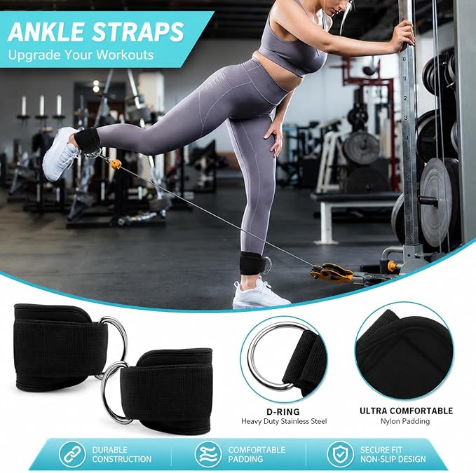 SINYWAY Barbell Pad Set for Squat,10 PCS Hip Thrusts Workout Foam Weight Lifting Bar Cushion with 2 Gym Ankle Straps,3 Hip Resistance Bands,2 Lifting Strap,Barbell Pad and Carry Bag