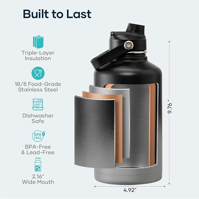 Insulated Water Bottle 64 oz with Straw Lid and Flex Lid, BUZIO 64oz Stainless Steel Water Bottle Half Gallon Jug Flask, Double Wall Vacuum Sports Thermo Mug, Cold Hot Hydro Metal Canteen | Half Gallon Water Jug (Dishwasher Safe), Cold for 48 Hrs, Trip...