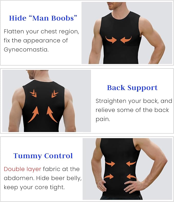 Compression Shirt Men Slimming Body Shaper Vest Crewneck Workout Tank Top | Tummy Control Undershirts, Gynecomastia Compression Shirts, Back Support, Sleeveless Muscle Shirts, Shaping Tank Top