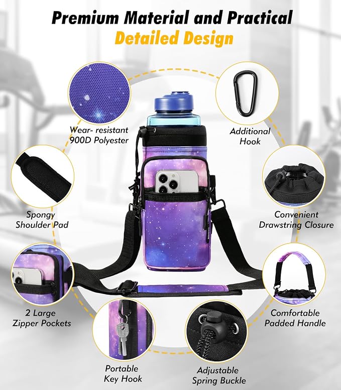 Nuovoware Magnetic Gym Bag, 40oz, Water Bottle Carrier, Starry Purple | Adjustable Shoulder Strap, Magnets Magnetic Gym Bag, Bottle Pouch Sling, 2 Pocket, Sling Neoprene Organizer Sleeve