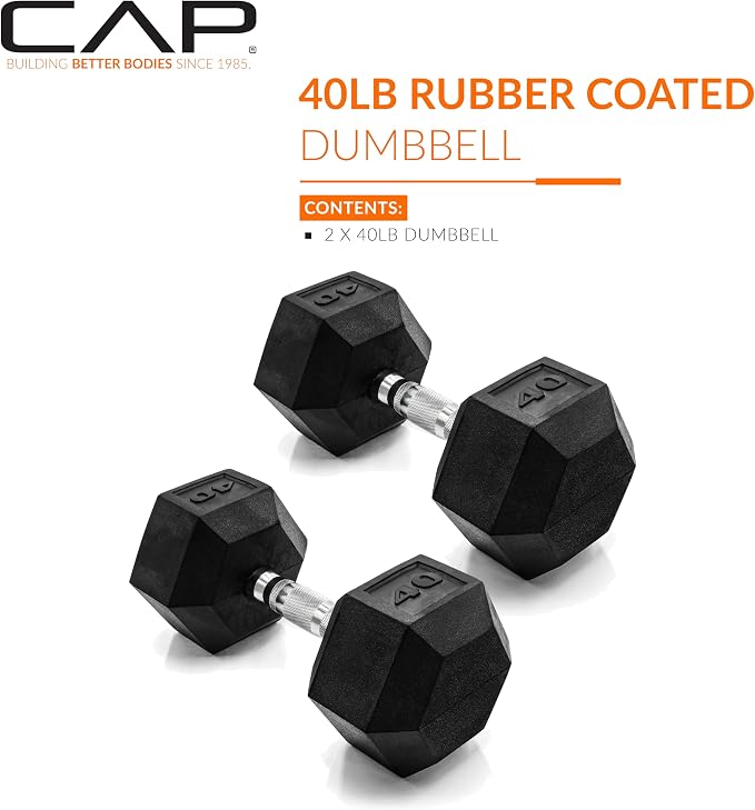 CAP Rubber Coated Dumbbell Weights, Free Weights for Home Gym Strength Training, Anti-Roll Hex Dumbbells with Black, Chrome & Comfort Grip Handles, Pairs & Sets