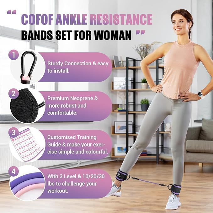 Ankle Resistance Bands with Cuffs, Leg Exercise Equipment with Poster | Ankle Bands for Working Out, Kickbacks Hip, Leg Glute, Resistance Workout Equipment for Women