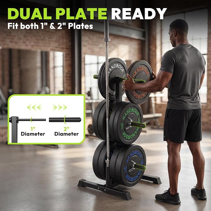 HANDBODE Weight Plate Rack with Barbell Storage, 1100 lbs Capacity | 6-Peg Vertical Holder for 1- or 2-Inch Plates, Heavy-Duty Organizer for Home Gym