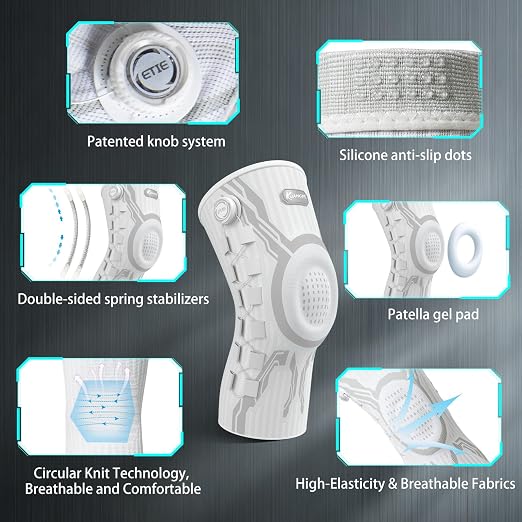 Kuangmi Knob Knee Brace for Pain Relief, Knee Support with Patella Gel Pad & Side Stabilizers, Compression Knee Sleeve for Workout, Arthritis, Joint Pain, Meniscus Tear (White,Right,Medium,Single)