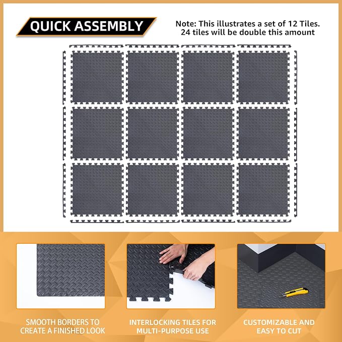24 Pack, 96 SQFT - 24" x 24" - 1/2" Extra Thick Floor Exercise Mat for Home Gym or Floor Padding - High-Density EVA Interlocking Foam Floor Tiles for Gym Equipment, Play Area | Yoga, Cardio, Weights