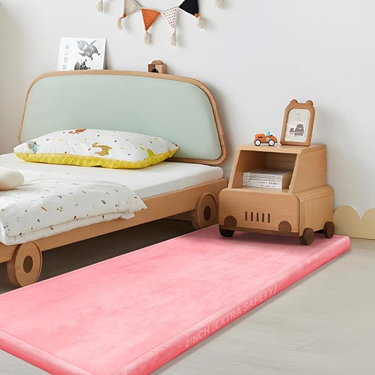 2" Thick Play Mat for Babies Toddlers,Extra Safety Anti-Fall Cushion Mat, Non-Slip Water-Repellent Coral Velvet,28"x72" Bedside Rug for Kids Room (Pink)