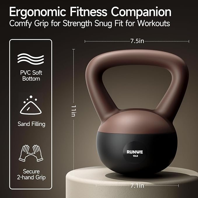 RUNWE Soft Kettlebell 5lb 10lb 15lb 20lb 25lb 30lb, Sand Filled Quiet Floor-Friendly Kettlebell, Anti-Slip Home Gym Fitness Equipment for Apartment Postpartum Recovery, Safety for Women Men & Beginner