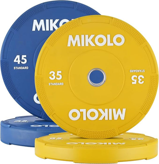Mikolo Olympic Bumper Plates Set, 100% High-Density Low-Bounce Rubber Weight Plates with Steel Inserts, IWF Color-Coded Quiet Barbell Plates for Deadlifts, Squats & Home Gym Strength Training (Weights: 45 * 2-230LB)