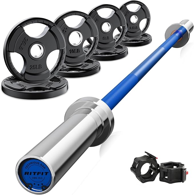 RitFit Barbell Weight Set - 4/6FT Olympic Barbell with Weight Plates (55-115LB Total) - Weightlifting Equipment for Squats, Curls, Deadlifts, Presses, Hip Thrusts
