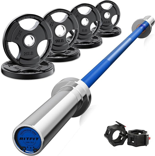 RitFit Barbell Weight Set - 4/6FT Olympic Barbell with Weight Plates (55-115LB Total) - Weightlifting Equipment for Squats, Curls, Deadlifts, Presses, Hip Thrusts