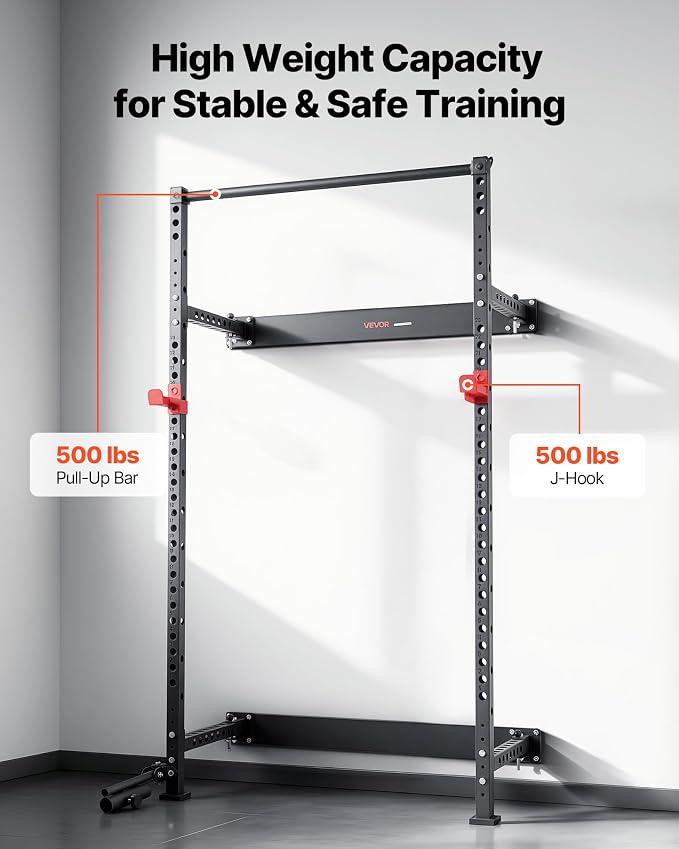VEVOR Folding Power Cage, Wall-Mounted Power Rack Squat Rack, Multifunctional Strength Training Workout Equipment with Landmine Holder, Adjustable J-Hooks & Pull-Up Bar for Home Gym, 1000LBS Capacity