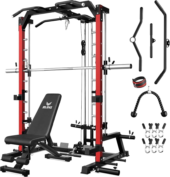 SR01 Smith Machine, 2000LBS Multi-Function Power Cage with LAT Pulldown System, All-in-One Home Gym Squat Rack with Smith Bar and Training Attachments for Full Body Workouts
