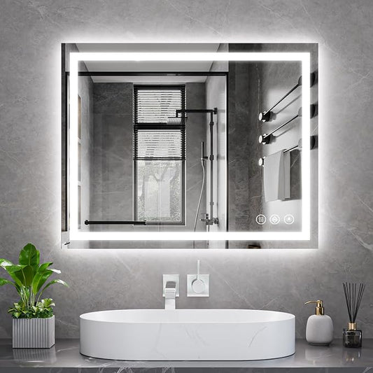 Koonmi 40x32 LED Bathroom Mirror with Light, Anti-Fog, 3 Colors | Backlit + Front Lit, Dimmable Brightness, Shatterproof HD Distortion-Free Tempered Glass, Hardware Included