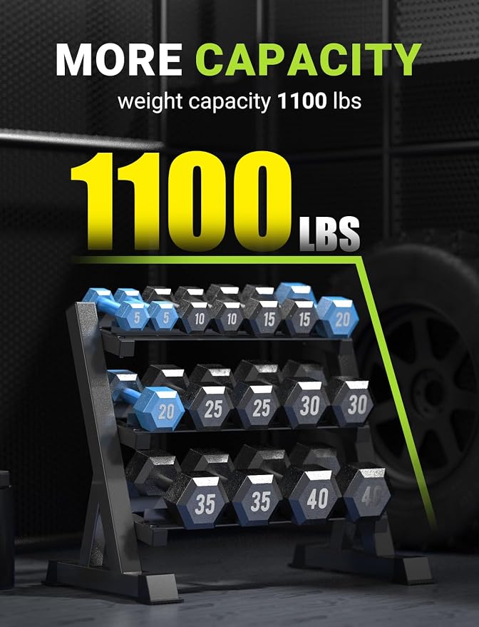 YOLEO Dumbbell Rack Stand Only, 1100LBS Heavy Duty Weight Rack for Home Gym, Adjustable 3-Tier Weight Storage Rack for Dumbbells, Barbells, Kettlebells & Weight Plates, Compact Workout Equipment Organizer