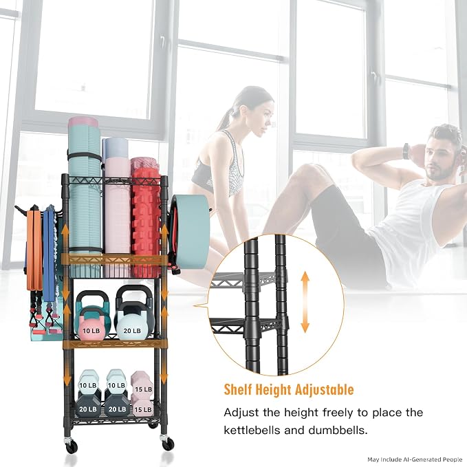 FUTASSI Home Gym Storage, 3 Tiers Workout Equipment Organizer with Wheels for Yoga Mats, Foam Roller, Dumbbells, Kettlebells, and Resistance Bands
