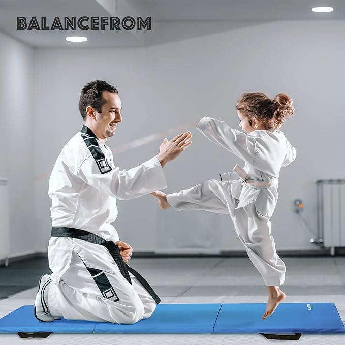 BalanceFrom 6x2 Feet 3-Panel Folding Gymnastics Mat – 1.5-Inch Thick Pad with Vinyl Surface and Carrying Handles for Tumbling, Yoga, Pilates, Home Workouts, and Martial Arts