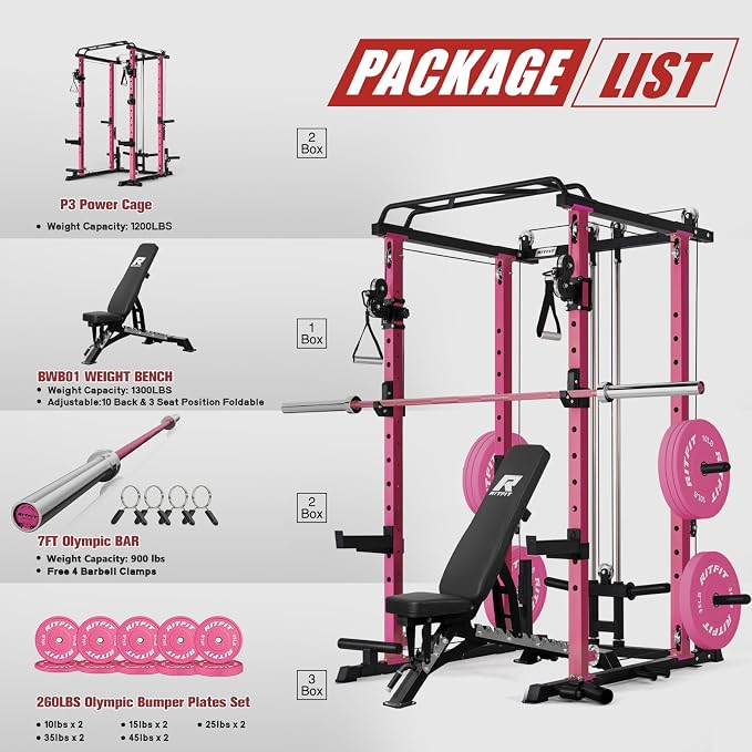 RitFit PPC-P3 Power Cage with Cable Crossover System, 1200LB Capacity | LAT Pulldown & Cable Crossover System with Bumper Plate Set, Olympic Barbell, Bench