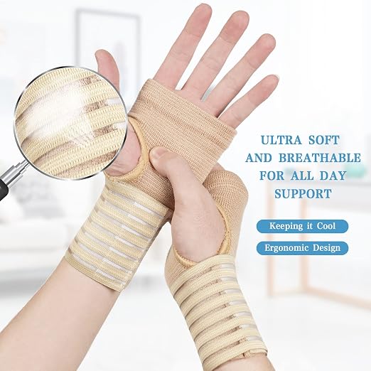 AOOWU Wrist Brace, 2 Pack Elastic Wrist Support with Strap, Wrist Compression Wrap Adjustable Wrist Strap Relieves Wrist Pain, Tendonitis, Sports Use for Men and Women, Right & Lef(cream color)