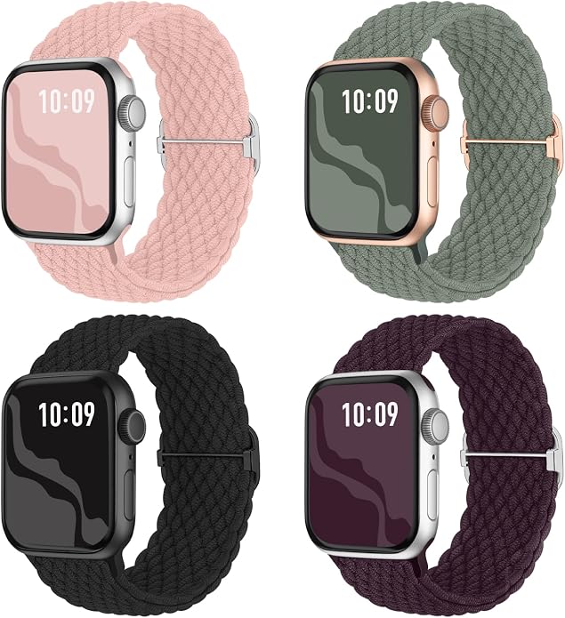 4 Pack Braided Stretchy Bands Compatible with Apple Watch 40mm 41mm 38mm 42mm 44mm 45mm 46mm 49mm Women Men, Breathable Nylon Elastic Daily Use Straps for iWatch Series 11/10 9 8 7 6 5 4 3 SE/Ultra 2