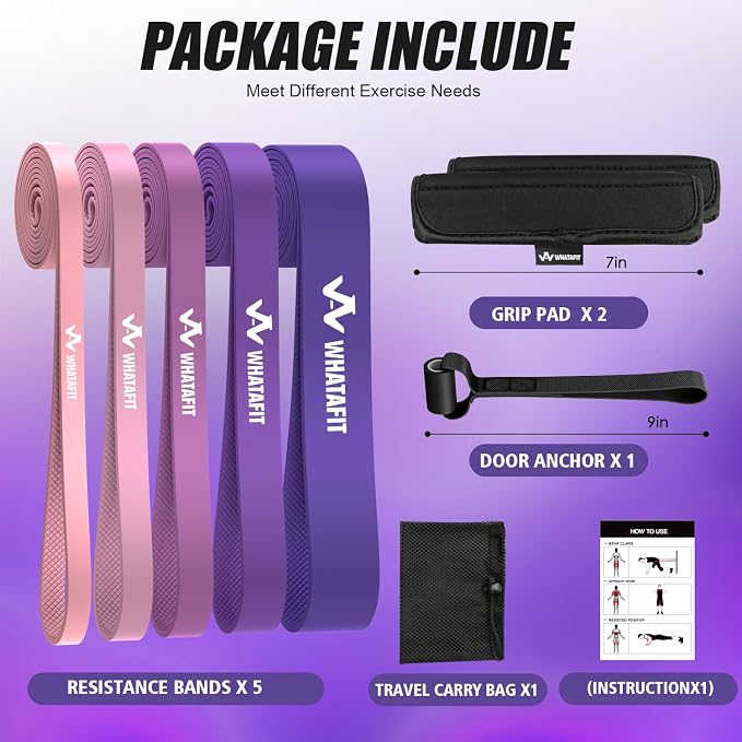 WHATAFIT Resistance Bands, Pull Up Assist Bands with Handles, Door Anchor | Natural Latex Rubber, Progressive Tension, Exercise Loop for Full-Body Fitness, Portable Gym Bag, Warm-Up & Stretch