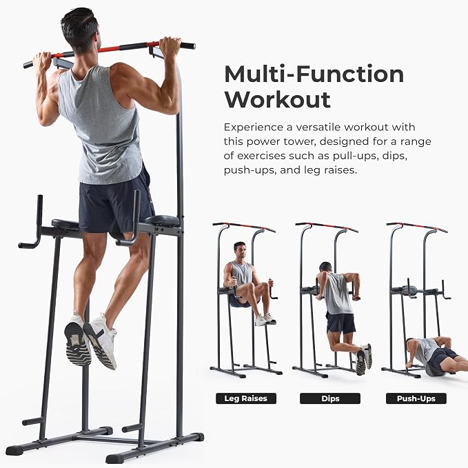 Sunny Health & Fitness Power Tower and Dip Station for Home Training | Multi-Function Strength Training, Pull-Up And Dip Stations, Padded Grips, Sturdy Frames, Captain's Chair
