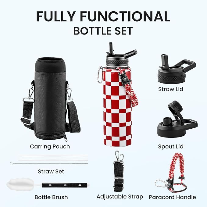 RAYMYLO Insulated Water Bottle 40 oz, Triple Wall Vacuum Stainless Steel | (Cold for 36Hrs, Hot for 18Hrs), Leak Proof & Non-BPA, Modern Water Flask Jug with Paracord Handle & Straw Spout Lids