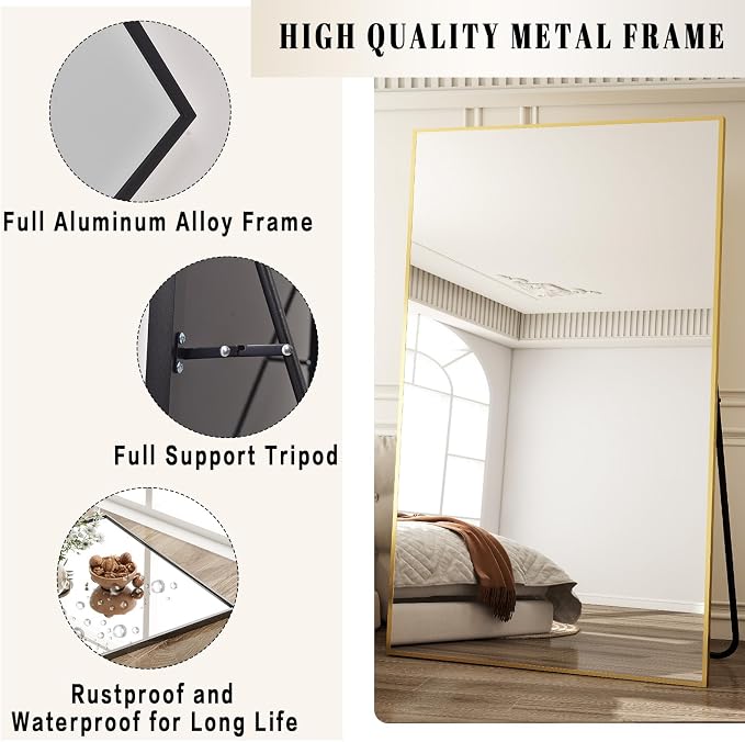 BEAUTYPEAK 77"x38" Rectangle Full Body Floor Mirrors, Full Length Mirror | Hanging or Leaning, Aluminum Alloy Frame Wall Mirror for Bedroom, Dressing Room, Gold